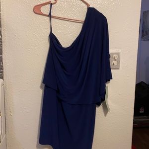 Navy blue one shoulder dress.